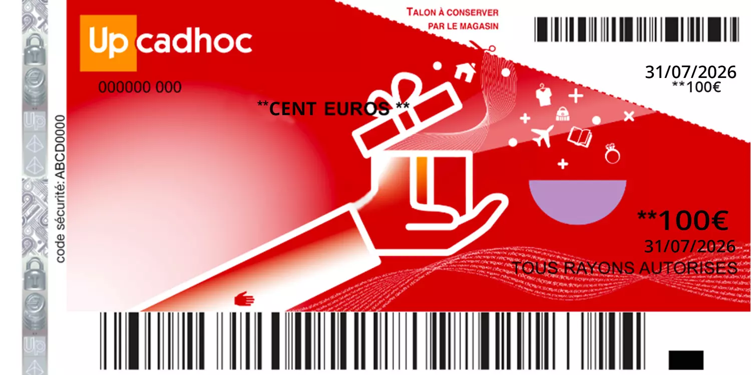Cheque_kadeo_ok - Pickup Attitude Pickup Attitude Cheque_kadeo_ok Red Up Cadhoc Gift Card with a White Hand Holding a Present, Barcodes on Edges, 100€ Value, and Expiry Date 31/07/2026.